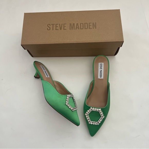 Steve Madden Green SATIN Party Kees Rhinestone Embellished Kitten Mule 6.5 Chic - Picture 4 of 11